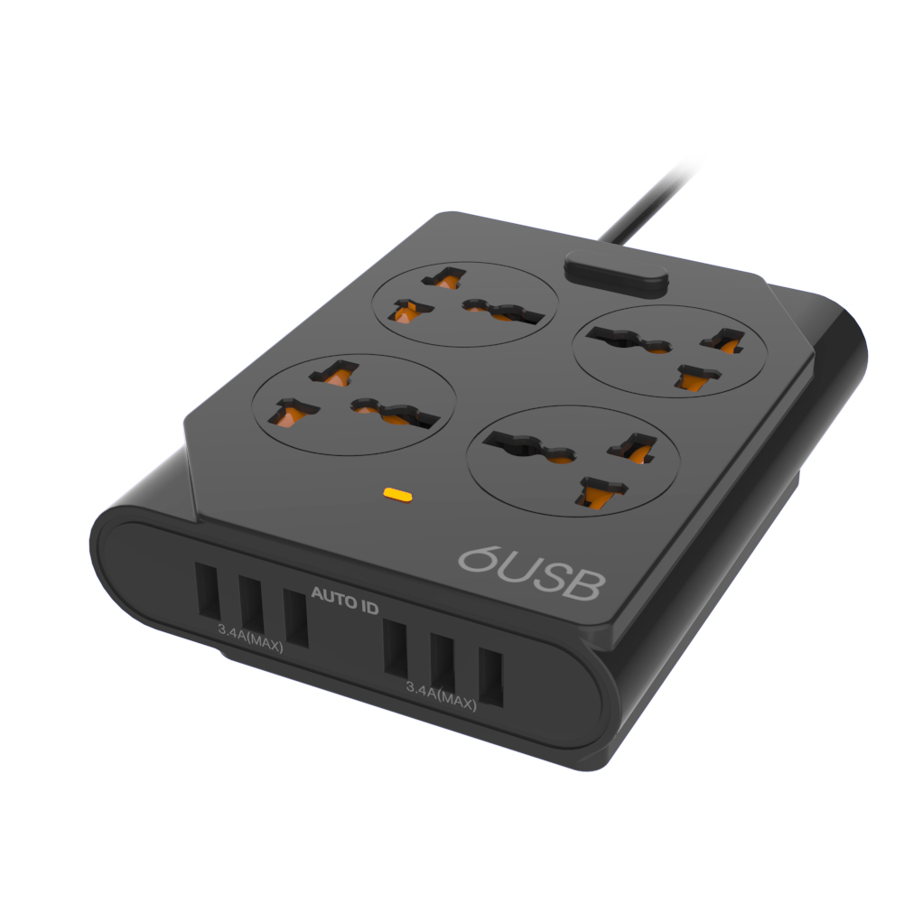 Universal Power Strip 4 Outlets 6 Port USB Socket Surge Protector 2500W 1.5M Extension Cord