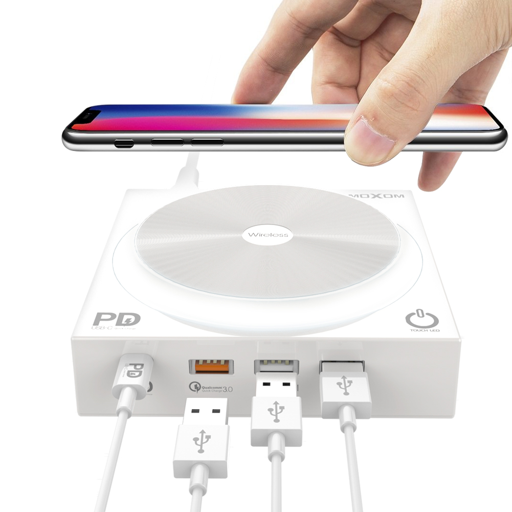 Fast Wireless Charger with 4 Multi Ports(USB-C PD, Quick Charge 3.0, 2.4A*2 Ports), Touch LED Light Desktop Charging Station Compatible with iPhone XS